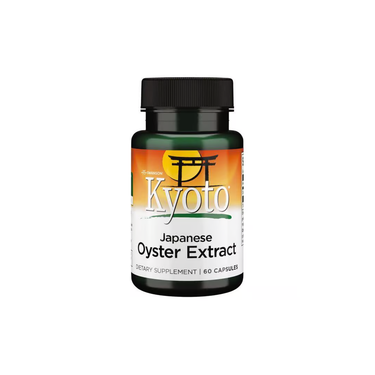 A bottle of Swanson Japanese Oyster Extract 500 mg, containing 60 capsules, features a black cap and an orange, yellow, and white label.